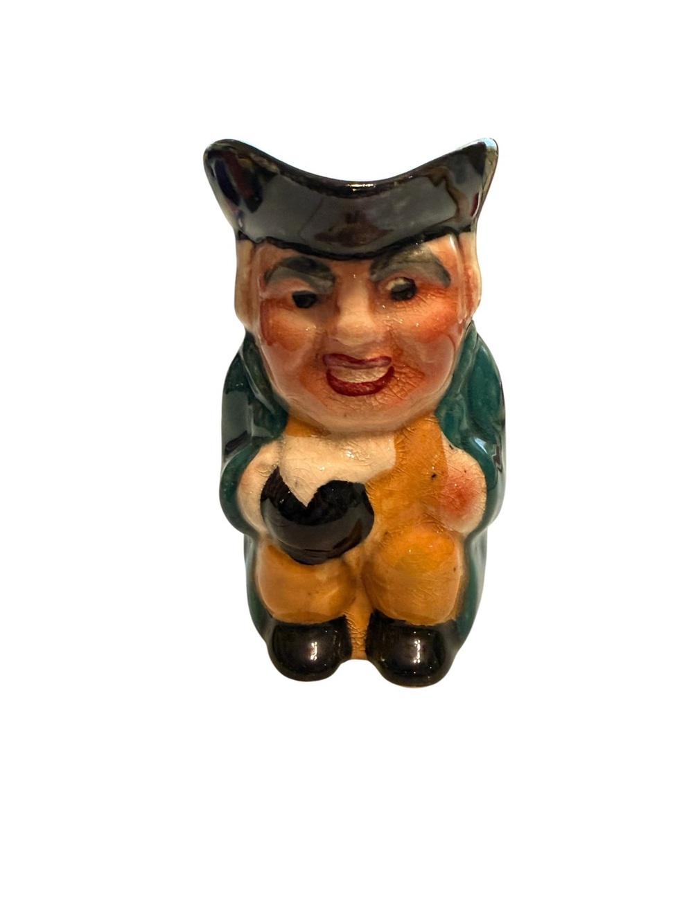 Vintage English hand painted Toby jug Green and Black Ceramic Character Pitcher